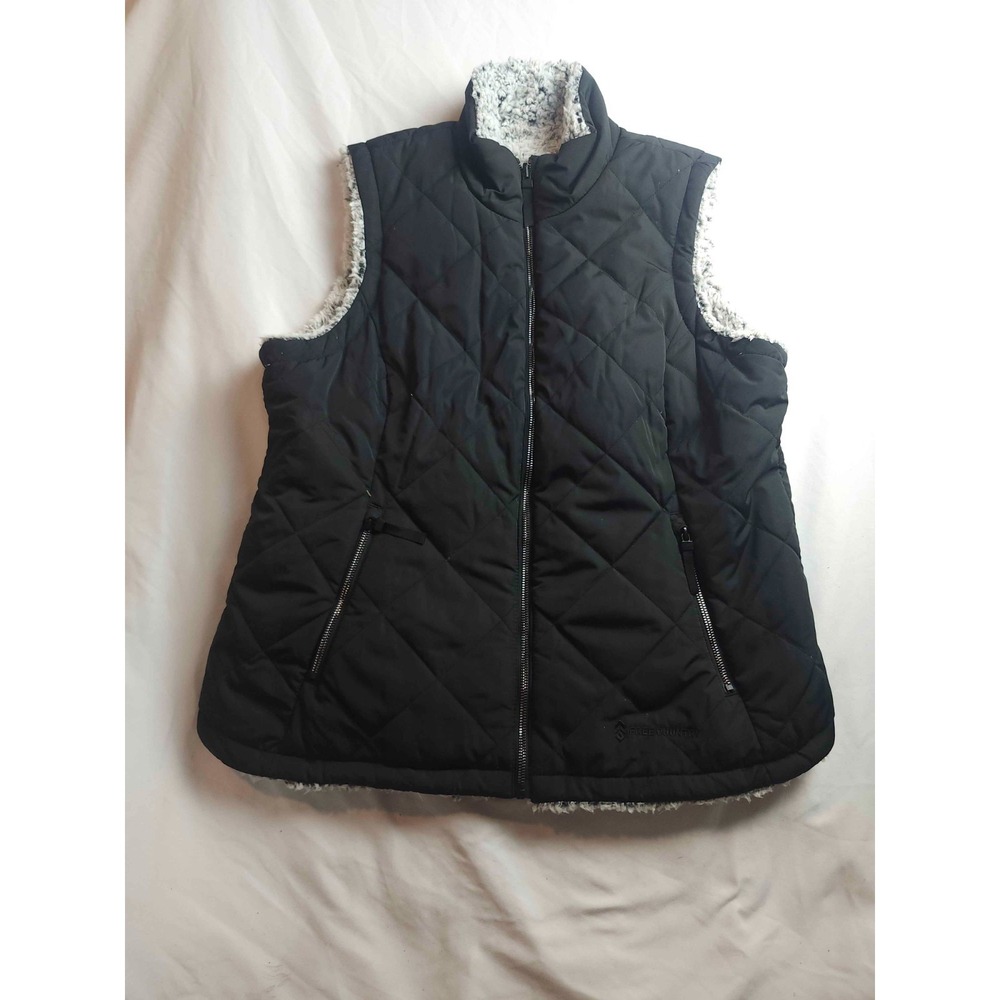 Free Country Quilted Vest Womens Size XL Black Fleece Reversible Sherpa Full Zip